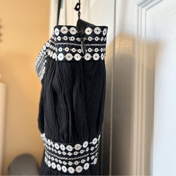 Maggie London Sheer Black Silk Silver Embroidery Empire Waist Dress Size 10 - Picture 5 of 16